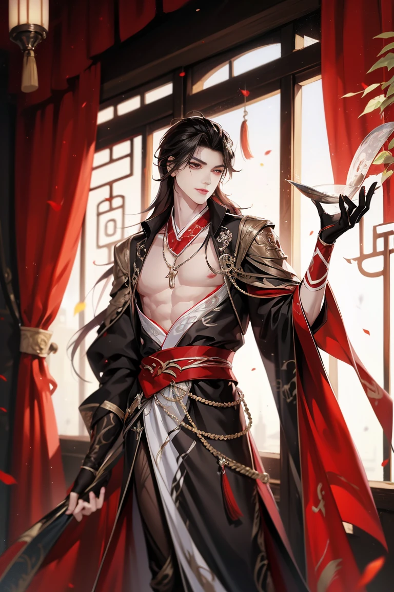vampire man, Hanfu, Luxurious uniform black clothes，Scapular，（Shooting from front）hold your arm，cabelos preto e longos, red eyes，natta，asian architecture interior，Carved wooden windows，Pink gauze curtain，Best quality at best，16k,tmasterpiece，