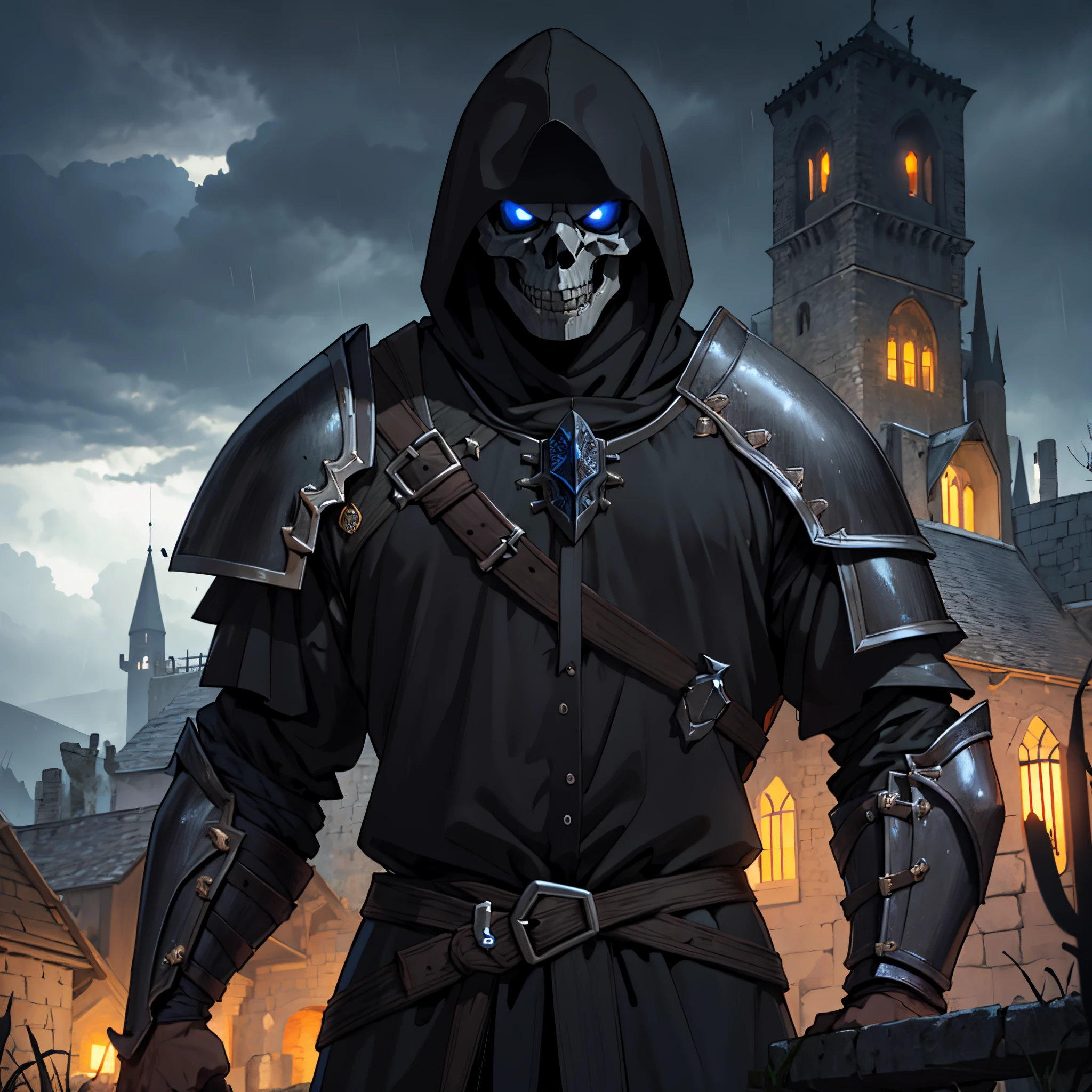 ​masterpiece, Best Quality, person upper body, detailed, 4k, Cinematics, Background with: Inside the illuminated medieval village in front of the medieval castle on a rainy night, dark clouds, thunderstorm, Very skinny dwarven black knight wearing black steel armor and skull mask