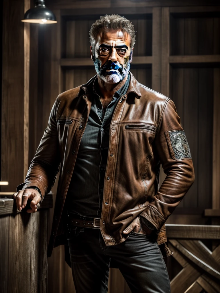 (realistic, 8k, ultra-detailed:1.2), detailed face of Jeffrey Dean Morgan, prominent cheekbones, piercing eyes, rugged beard, intense gaze, deep-set wrinkles, expressive eyebrows, charismatic smile, defined jawline, high-resolution portrait