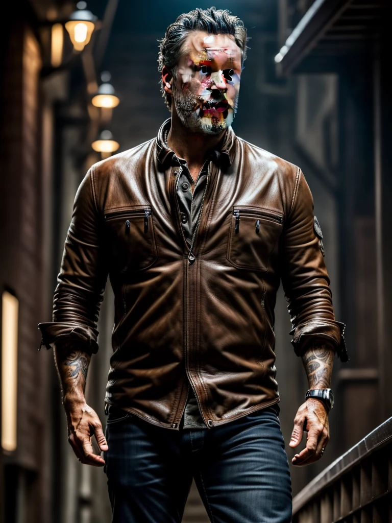 (realistic, 8k, ultra-detailed:1.2), detailed face of Jeffrey Dean Morgan, prominent cheekbones, piercing eyes, rugged beard, intense gaze, deep-set wrinkles, expressive eyebrows, charismatic smile, defined jawline, high-resolution portrait