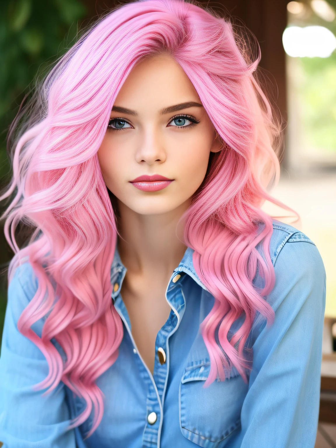 Modelo de 18 anos, ela tem cabelo longo e rosa brilhante, olhos azuis, sexual lips and natural lipstick, She is wearing a pink ruffled blouse and jeans