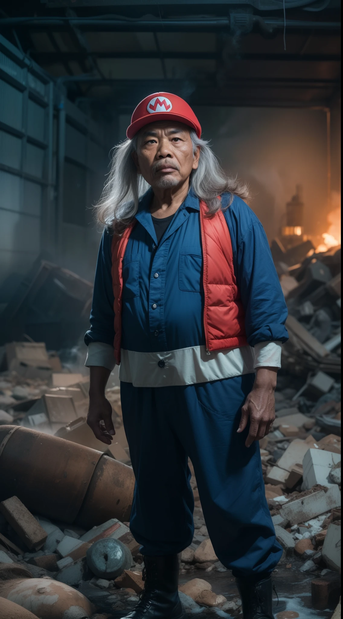 a 70 years old malay man in super mario costume outfit with long rock band hair standing in waste disposal site, night, serious face, nighttime, in pokemon movie style, hyper - realistic photography, dramatic effect, smoke effect in background, dark color grading, full body, 8k, close - up shot, extreme close - up photo