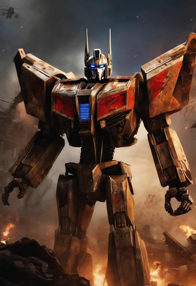 An image of the psychotic second in command transformer of the Decepticons standing on top of a decimated Autobot outpost, with wreckage and sparks around her as she raises her arms in triumph.,Transformers,starscream, male