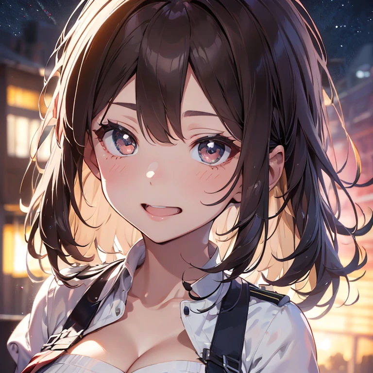 ((beste-Qualit、8K、tmasterpiece:1.3))、Perfect style、a beauti、Refreshing smile、Beautiful legs、Taut skin、Highly detailed facial and skin texture、Detailed eye、二重まぶた、Healthy skin、(Lightly wavy dark brown hair、bangss)、((Long body))、(White pilot-style uniform:1.5)、(big chest out)、 (natural breast、Natural cleavage)、(In the spacecraft))、(1girl in、20 yrs、A MILF)、(Highlights in the eyes、Narrow-eyed、Brown-eyed、red blush、eye liner)、(alluring face、perfectbody、Oiled skin, shining skin、high gloss skin)