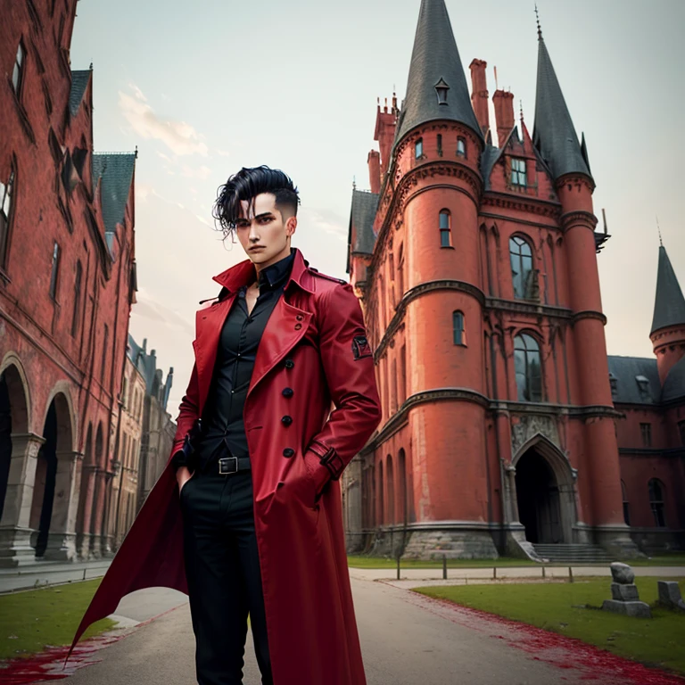 Full body photo of man , Detailed body, Wearing a red trench coat and black shirt,Stained with blood, silber hair,Full body view of ancient spooky castle in background