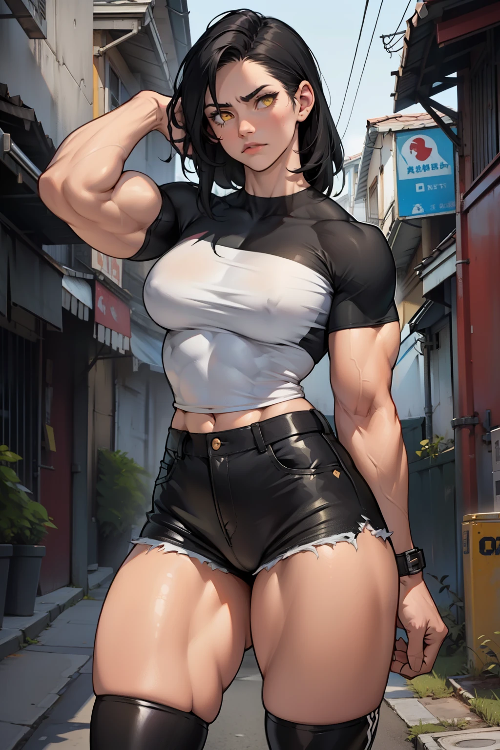 (((girl muscular))) ((thighs breasts)) pale skin black hair yellow eyes frown tight shirt tight pants (((girl muscular))) ((thighs breasts))