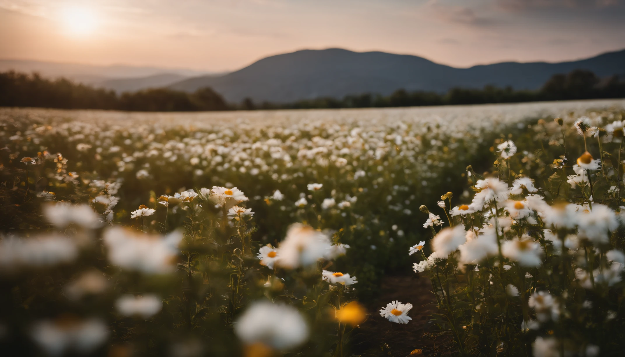 in a field of flowers, There are flowers, The aesthetic realm of flowers，White flowers，vast flower fields，There is a small open space in the middle of the flower field，Things are real when seen up close, But it’s blurry in the distance.，A large field of flowers