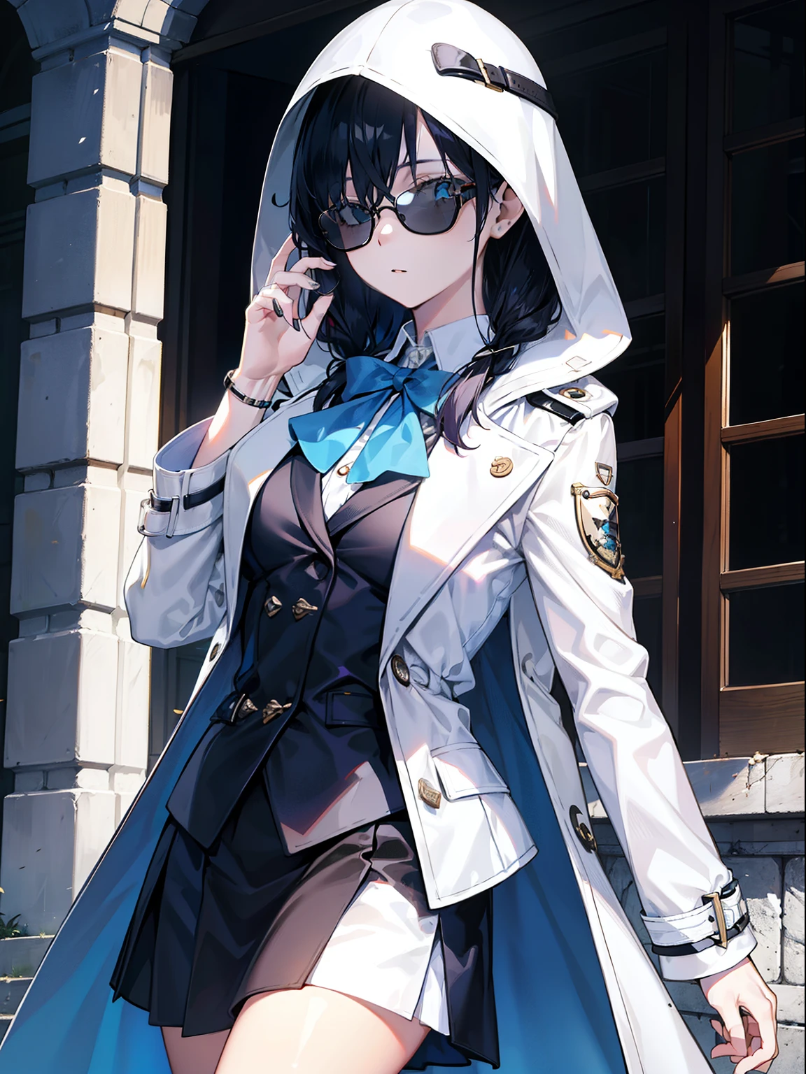 girl，White trench coat，eye glass，tmasterpiece，Blue and black shades，Sateen，Yuki