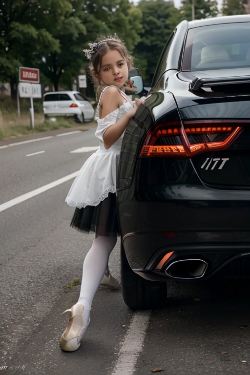8K, of the highest quality, 8- European girl,drives car in black tutu ballet, white pantyhose, Audi A7, sitzt vor dem Lenkrad, runs over a deer and dies