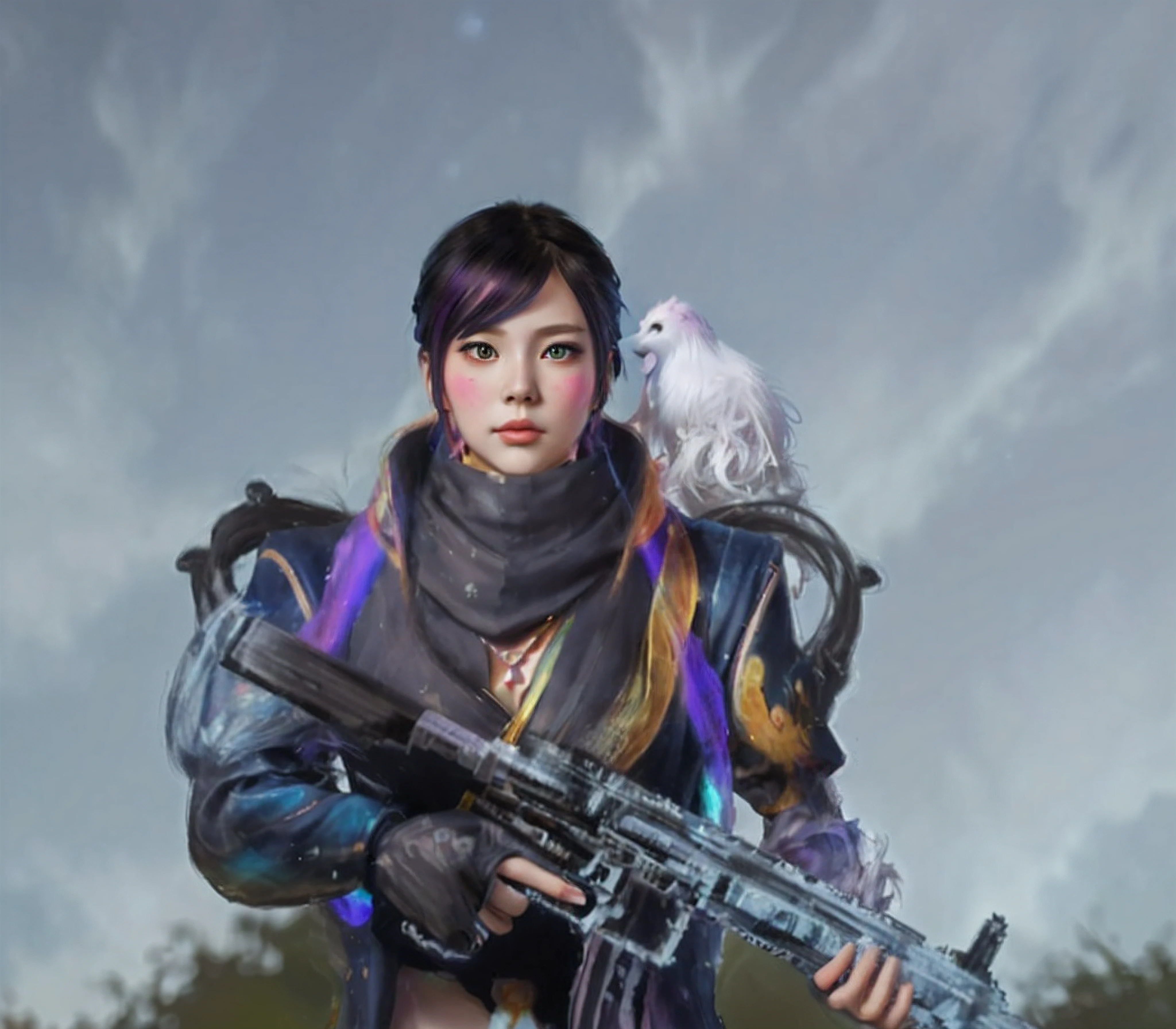 a woman with colorful hair and necklace, anime girl with cosmic hair, Rossdraws' soft vibrancy, Gouviz-style artwork, fantasy art style, colorful], vibrant fantasy style, Rossdraws cartoon full of energy, cosmic and colorful, Guweiz, colorful digital fantasy art, stunning art style, beautiful anime style, white skin, night coat,
