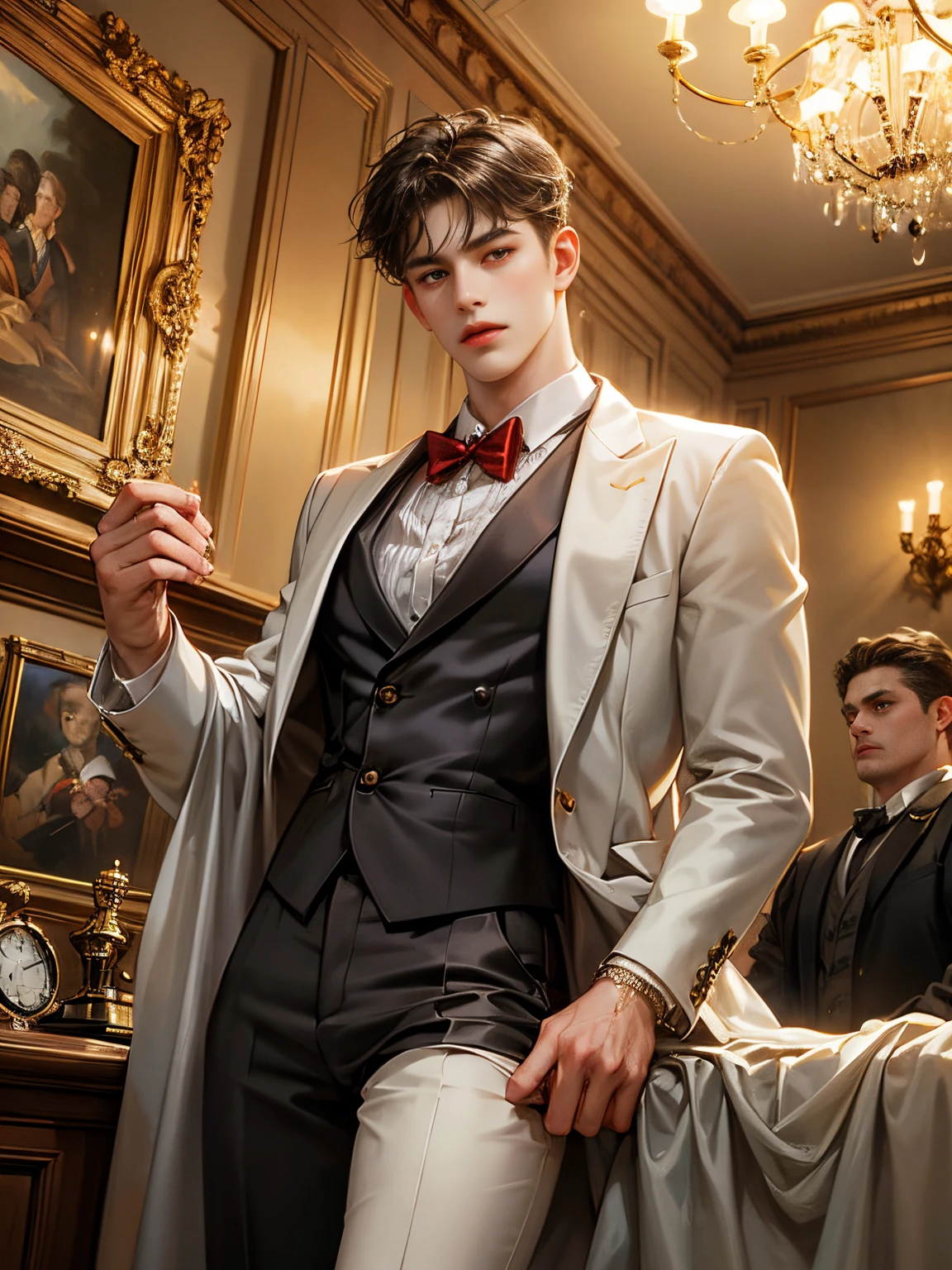 (absurderes, high resolucion, The ultra-detailliert, HDR), Masterpiece, Best Quality, Portrait of a boy, Handsome boy with red eyes, Detailed face, At the hotel, young viscera, Handsome hotelier, professional photograph, Detailed torso of an araped man, Sit comfortably with your legs apart.., (puffy(From below:1.1)), The Beholder's Eye,Young boy 18 years old, handsome boy, detailed background, Masterpiece art