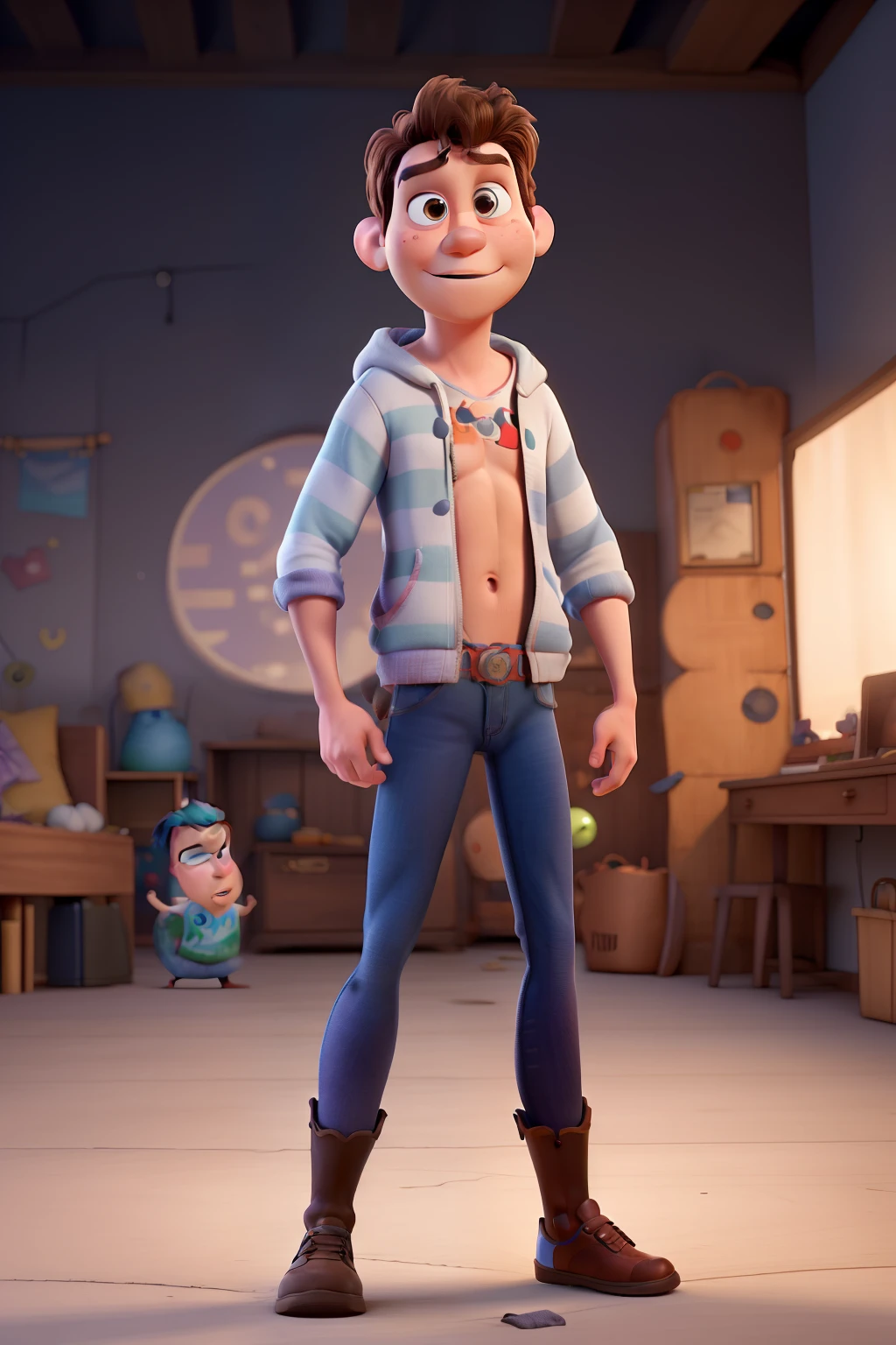 (((Pixar-style))), skinny, boy, (smooth body), handsome, ((shirtless)), slender, wearing hoodie opened, looking at viewer, full body view, skinny jeans down to hips, large shoes, slightly large hands, alluring poses