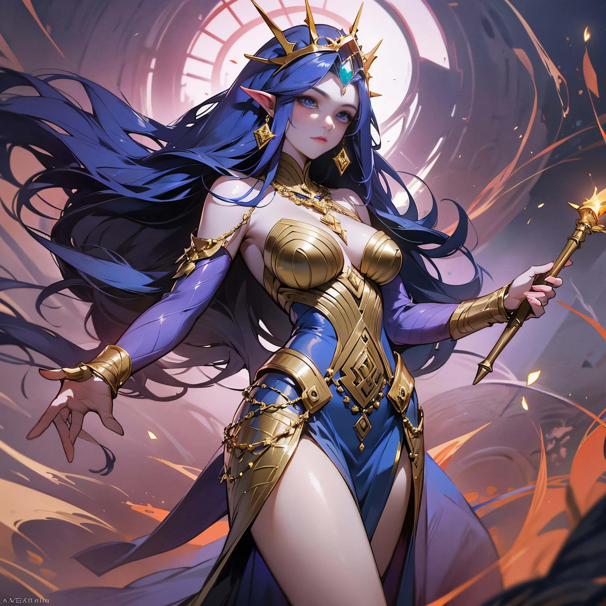 In these depictions, Queen Azshara has long, flowing, and wavy hair that is primarily blue, with streaks of purple and green. She has a slender, graceful physique, with long limbs and a regal bearing that befits her status as queen. Her skin is a pale blue color, and her eyes are blue with elongated pupils that give her a somewhat otherworldly look.
Queen Azshara wears a flowing, strapless gown that is primarily blue and green, with intricate patterns and designs that run down the length of the dress. The dress has a long, sweeping skirt that trails behind her, adding to her graceful appearance. She also wears a gold headdress, with a large gem in the center, and several gold chains that hang from it.
Overall, Queen Azshara has a striking and memorable appearance that befits her status as one of the most iconic characters in the "World of Warcraft" universe.