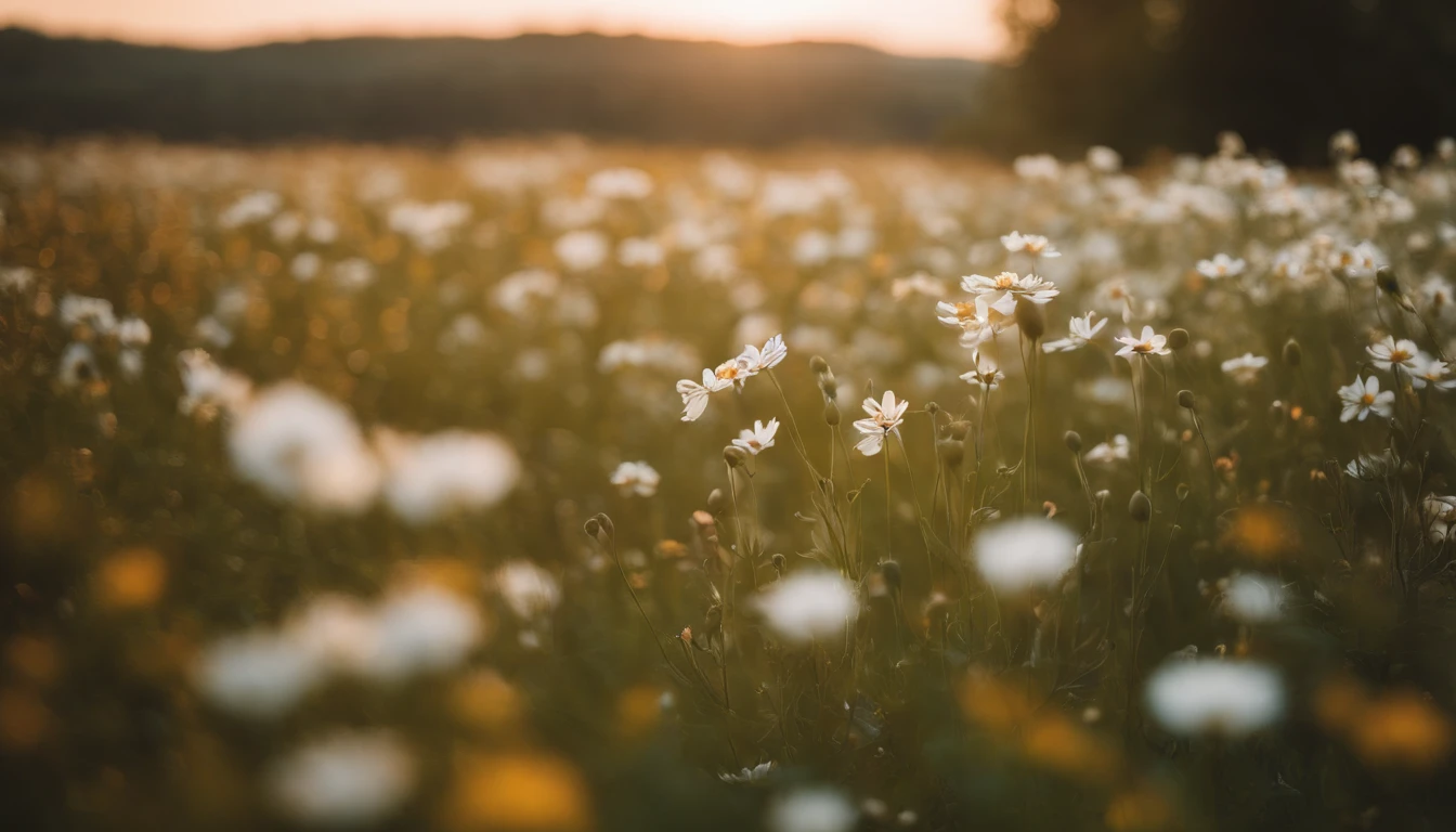 In the flower field, There are flowers, The aesthetic field of flowers，White flowers，vast flower fields，There is a small open space in the middle of the flower field，Things are real up close, but blurry in the distance.，A large field of flowers