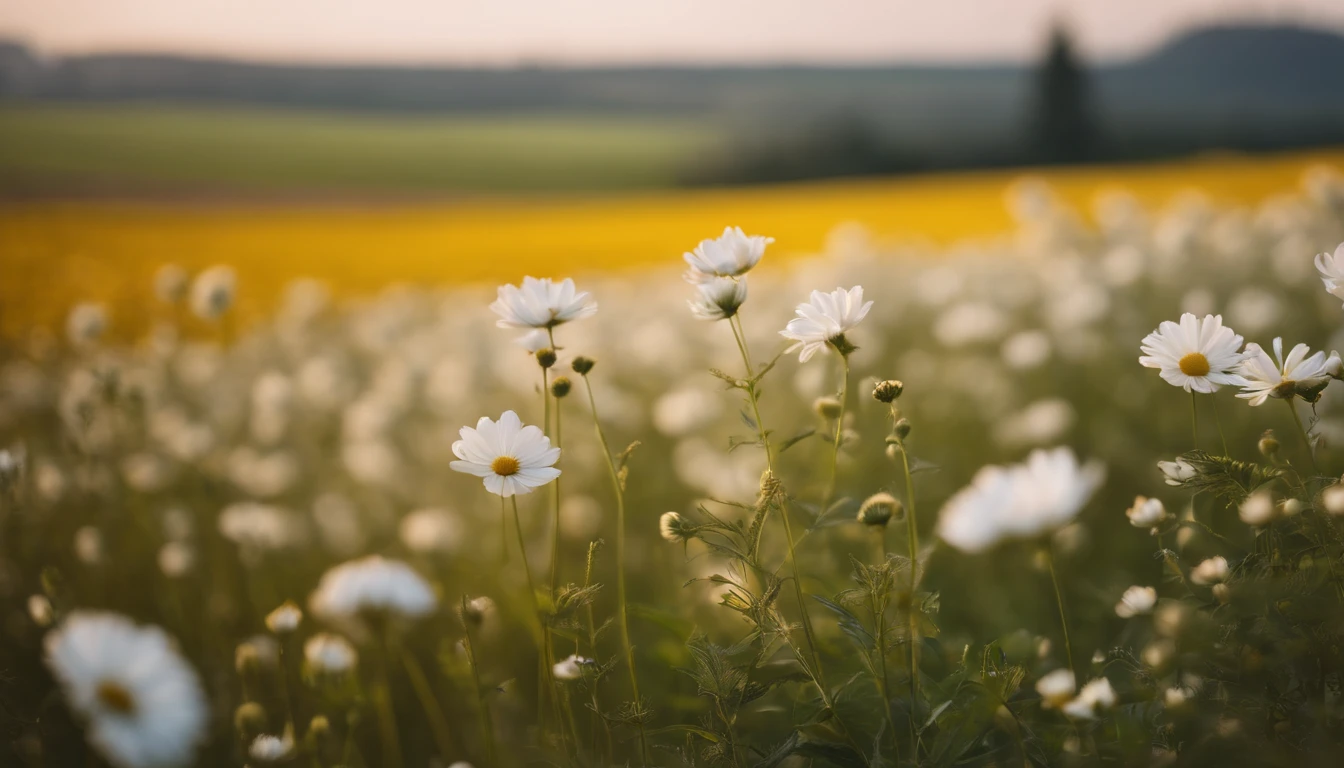 In the flower field, There are flowers, The aesthetic field of flowers,White flowers,vast flower fields,There is a small open space in the middle of the flower field,Things are real up close, but blurry in the distance.,A large field of flowers
