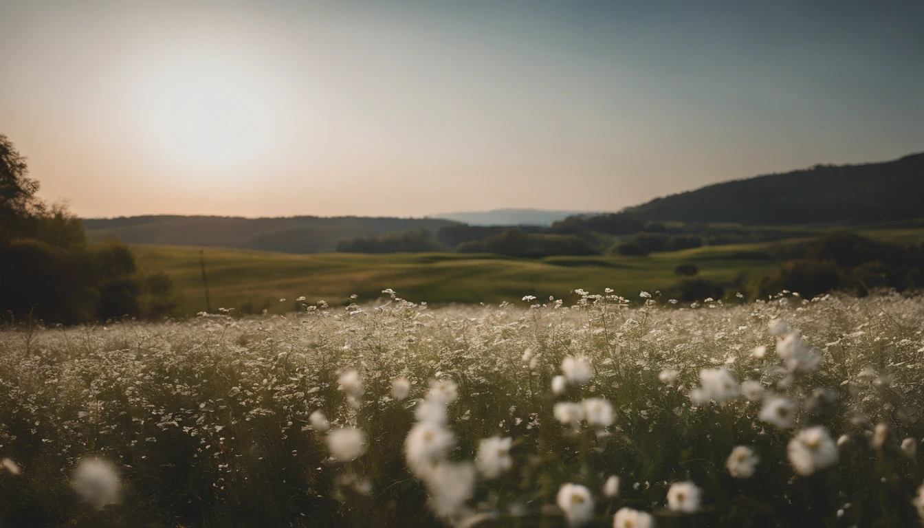 In the flower field, There are flowers, The aesthetic field of flowers,White flowers,vast flower fields,There is a small open space in the middle of the flower field,Things are real up close, but blurry in the distance.,A large field of flowers