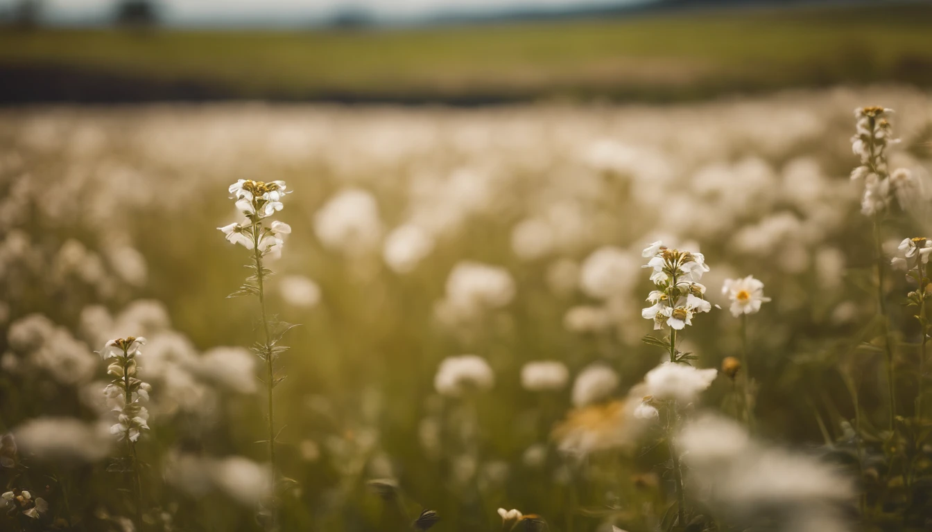 In the flower field, There are flowers, The aesthetic field of flowers，White flowers，vast flower fields，There is a small open space in the middle of the flower field，Things are real up close, but blurry in the distance.，A large field of flowers