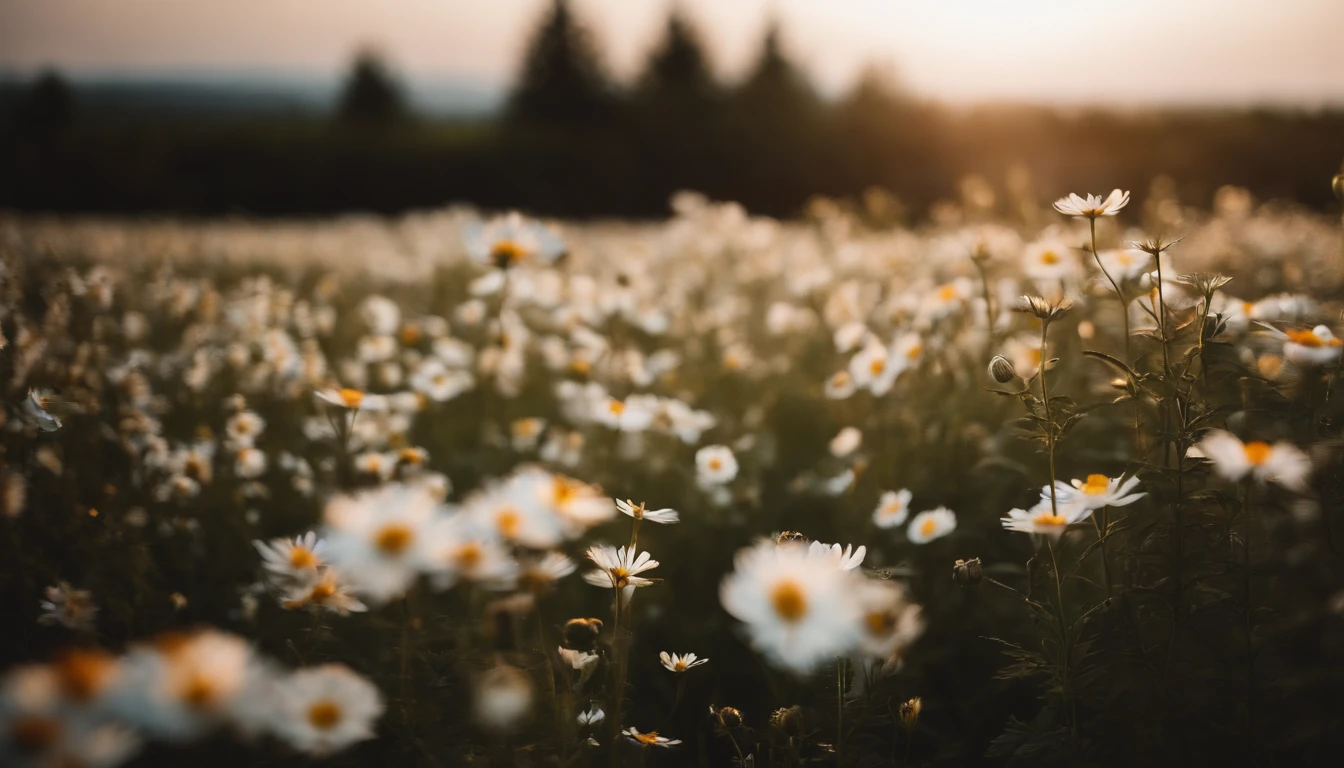 In the flower field, There are flowers, The aesthetic field of flowers,White flowers,vast flower fields,There is a small open space in the middle of the flower field,Things are real up close, but blurry in the distance.,A large field of flowers
