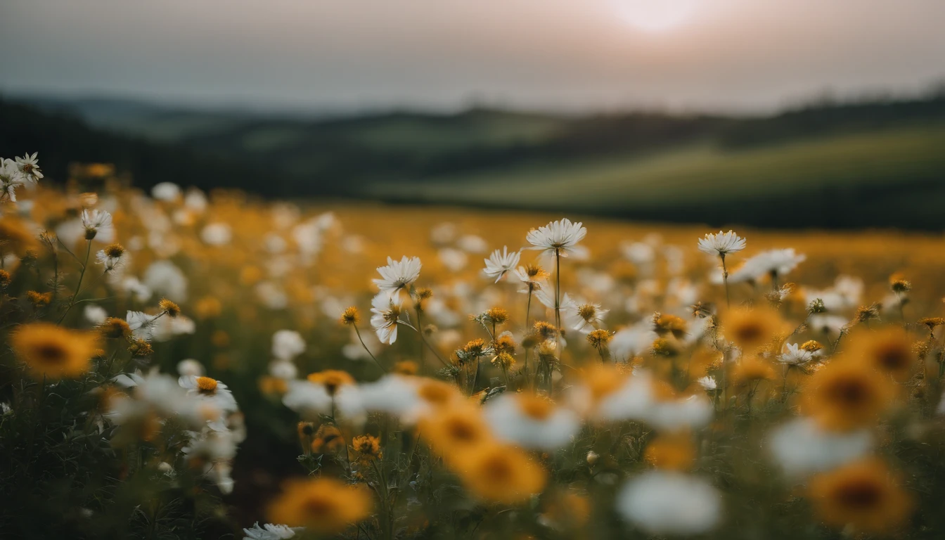In the flower field, There are flowers, The aesthetic field of flowers,White flowers,vast flower fields,There is a small open space in the middle of the flower field,Things are real up close, but blurry in the distance.,A large field of flowers