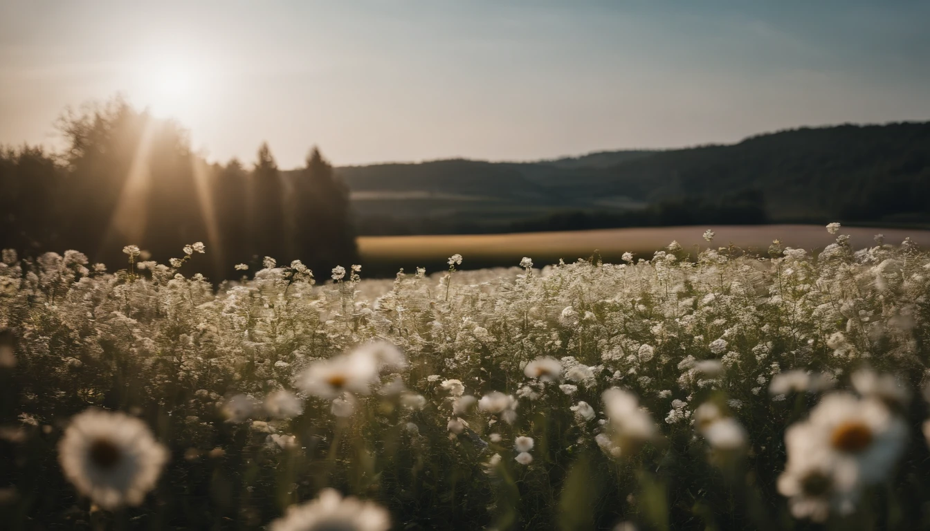In the flower field, There are flowers, The aesthetic field of flowers,White flowers,vast flower fields,There is a small open space in the middle of the flower field,Things are real up close, but blurry in the distance.,A large field of flowers