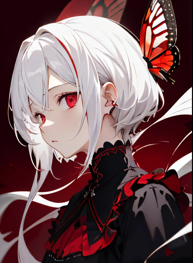 absurderes、high resolusion、
1 girl in、((crimson theme))、black gothic background、((white  hair))、Several white butterflies fly around