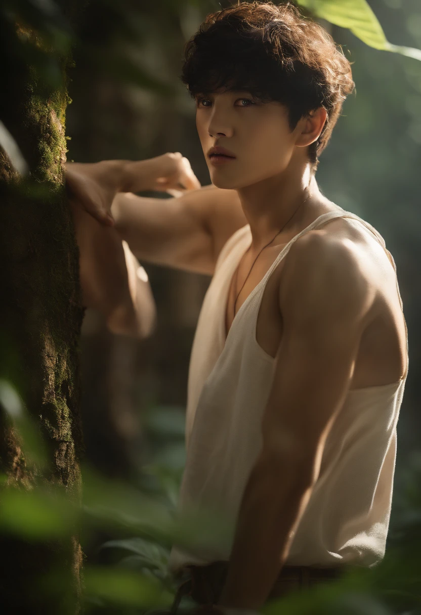 Hot tall male, On the dark woods, Magically Mysthically detailed, with glowing butterfly, ((woderland theme)) ((fixed light composition))