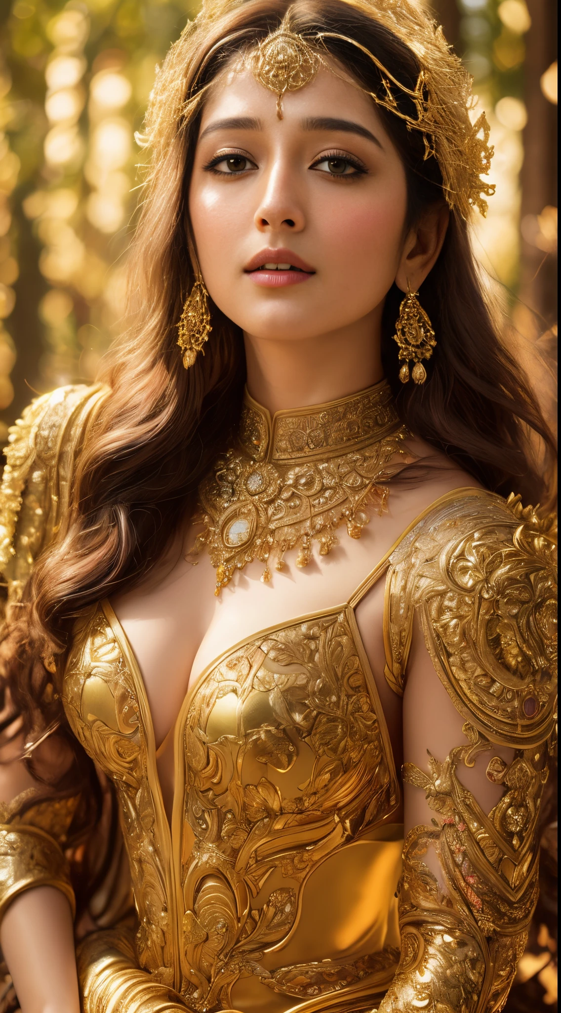 Face mix of Anushka Shetty and Nayanthara, a masterpiece ultrarealistic ultradetailed portrait of a beautiful girl in incredible goledn armor. baroque renaissance. in forest. medium shot, intricate, elegant, highly detailed. trending on artstation, digital art, by stanley artgerm lau, wlop, rossdraws, james jean, andrei riabovitchev, marc simonetti, yoshitaka amano. background by james jean and gustav klimt, light by julie bell, 4 k, porcelain skin.