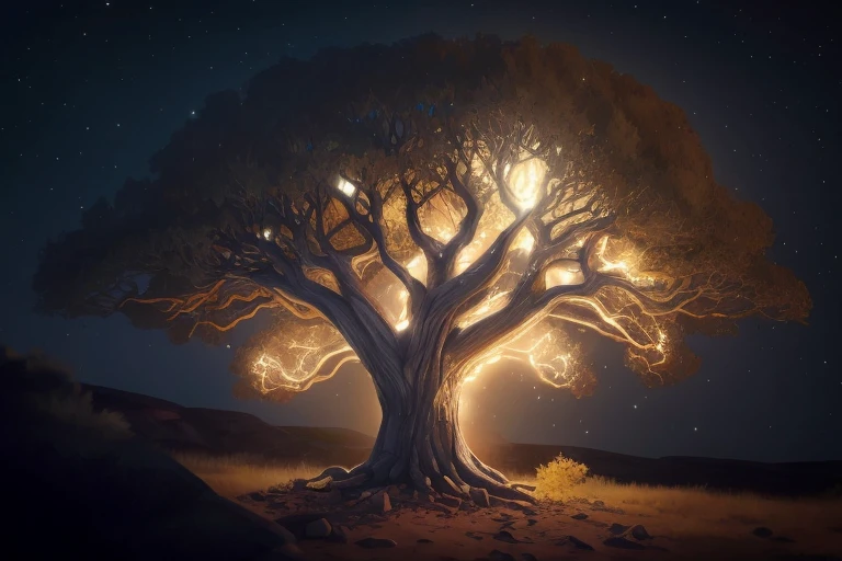 there is a tree that is lit up with a bright light, magic tree, fantasy tree, golden sacred tree, magic tree, ancient tree, the tree of life, tree of life seed of doubt, cosmic tree of life, Tree of Life, Yggdrasil, cosmic tree, lightening tree, Arte digital altamente detalhada em 4k, bela arte digital