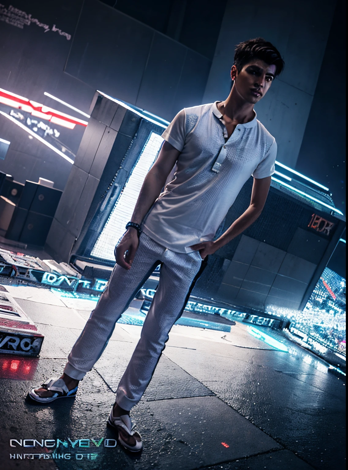 Change background cyberpunk handsomeboy,realistic face, 8k, ultra realistic white kurta pajama hot style shoes boxers