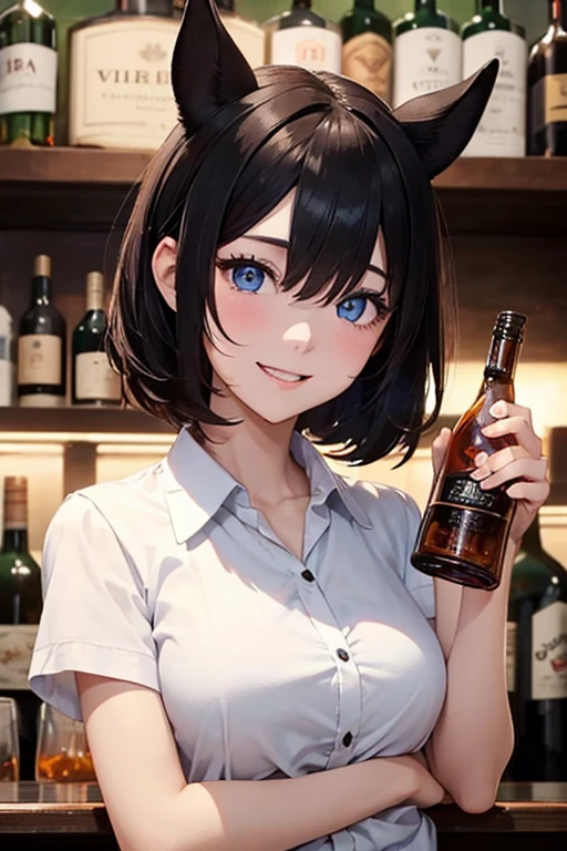 27-year-old female solo、White shirt、JINS、Black short hair、Blue eyes、Horse ears on the head、Drunk、Red cheeks、happily laughing、holding a bottle of whiskey、lively bar scene、natta、high-level image quality、high-detail、deep-shadows