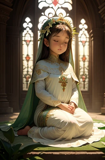 (masterpiece:1.2), (Best quality:1.2), Perfect lighting, religious style symmetric, tiny girl perfect sleep in a gian plant leaf flower,, front frontal view, face european caucasian, poster style epic, fullbody, wearing transparent herbal decor cloth light dress tight, no crop body,