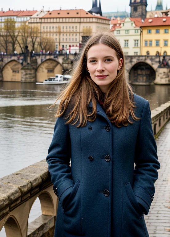 portrait of sks woman in Prague, at the Charles Bridge, by Flora Borsi, style by Flora Borsi, bold, bright colours, ((Flora Borsi)), by Imogen Cunningham,