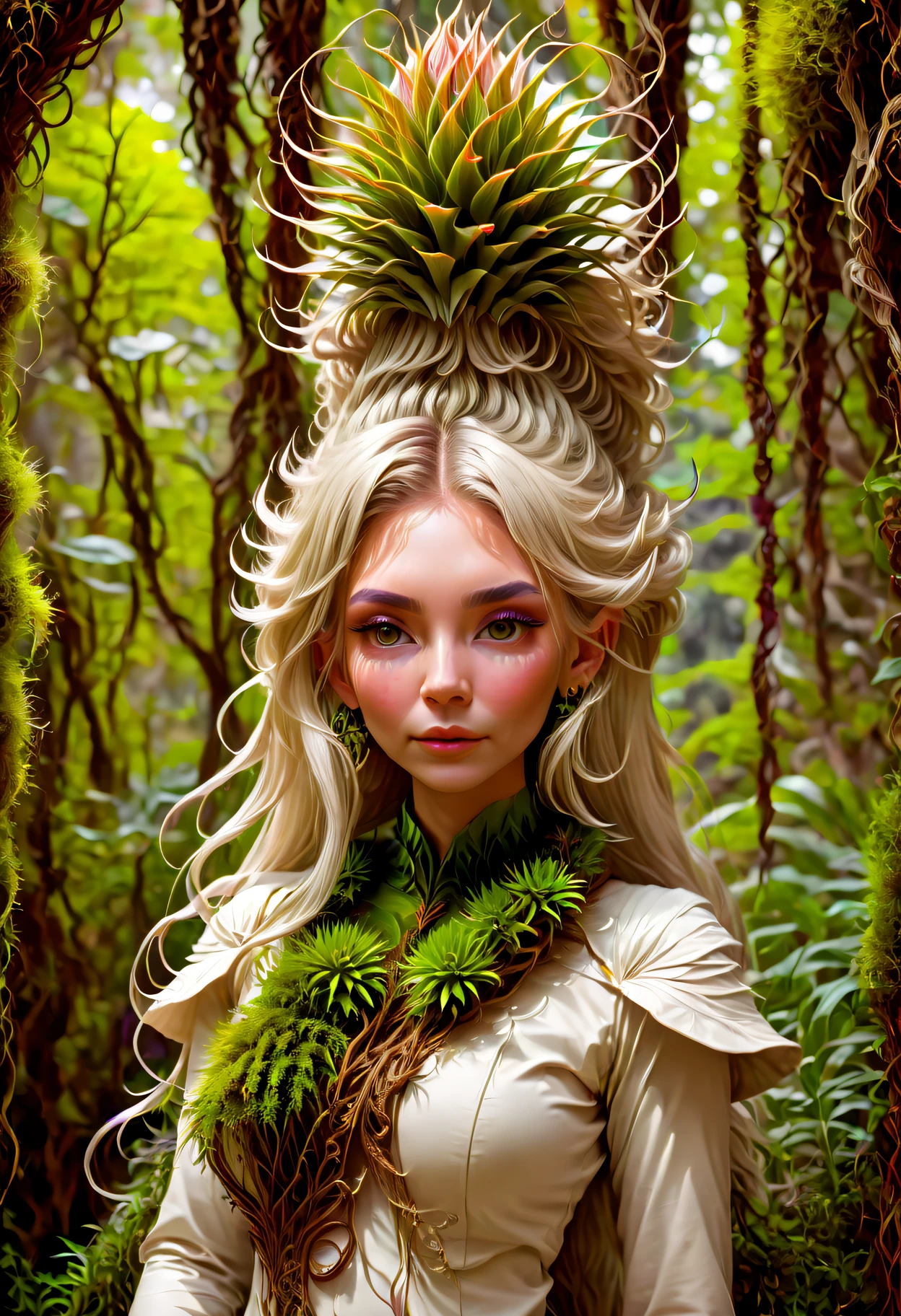 birch tree girl, (Beautiful girl made of fresh plants), Fantasy, My feet are rooted to the ground, long white curry hair, Birch forest, Plants, beautiful psychedelic, Psychedelic clothing made of intricately woven birch bark, Horns:1.2