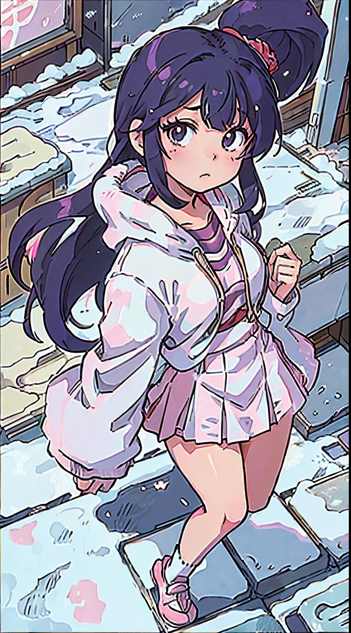 an Japanese high school, in anime style, kawaii, winter street, 1990s anime