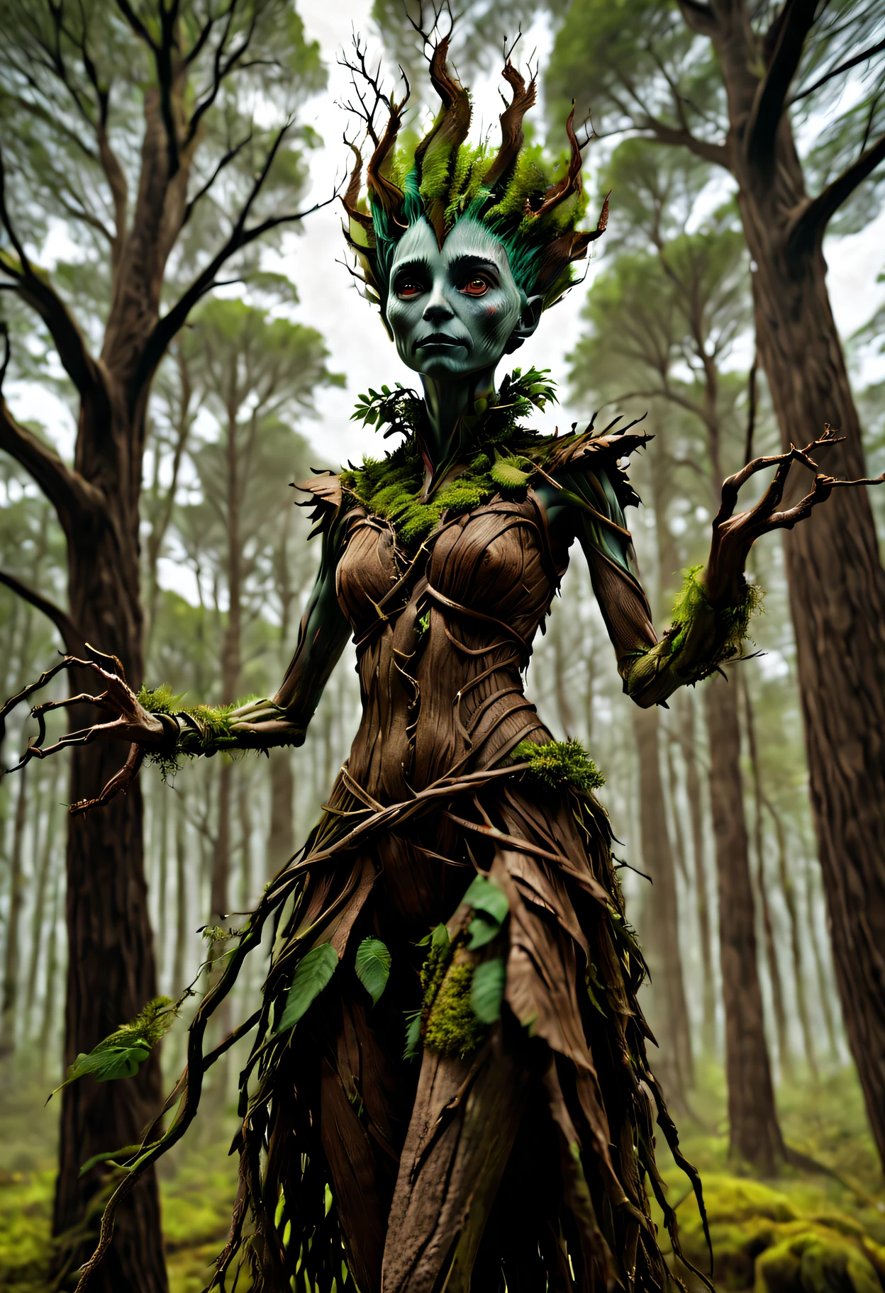 Groot，a girl made of dead plants， goth elf photography, Green hair, perfect  eyes, Complicated details, at a forest,feet made of branches，Full body lesbian，(Best quality,4K,8K,A high resolution,tmasterpiece:1.2),ultra - detailed,(actual,realistically,realistically:1.37),