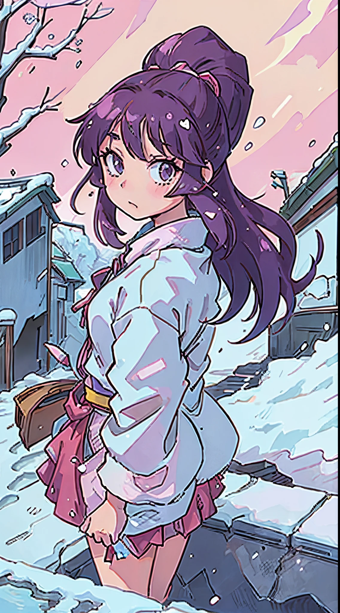 an Japanese high school, in anime style, kawaii, winter street, 1990s anime