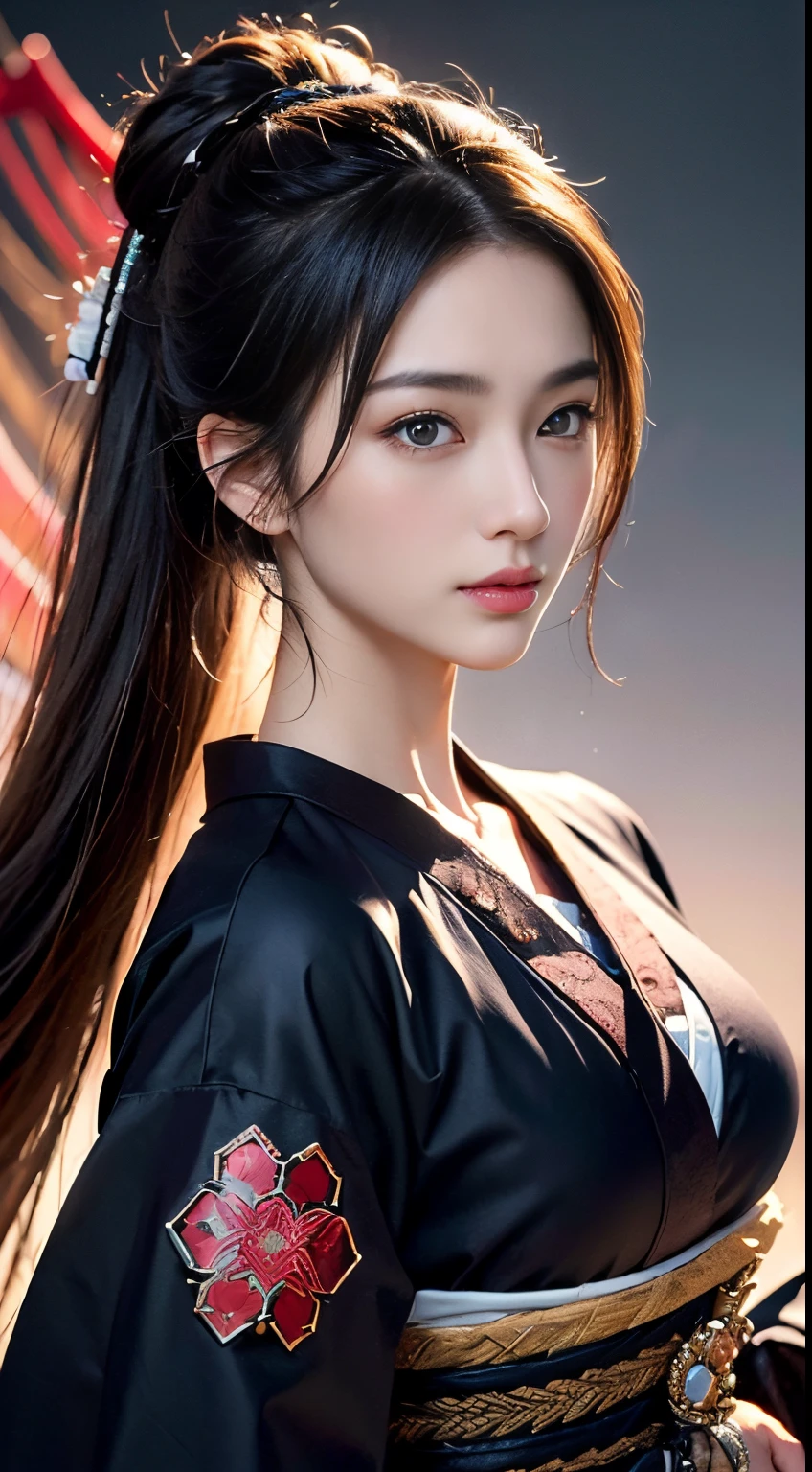 ((Best Quality, 8K, masutepiece:1.3)), 1girl in, Slim Abs Beauty:1.3, (casual hairstyle, Big breasts without leakage: 1.2), japanese kimono: 1.1, Super fine face, Delicate eyes, Double eyelids, Shyness, Dynamic Pose, Smile, Anime girl with gray brown hair and blue eyes holds a fan。, , The feminization of the key art of Xart Krenz, samurai detail art, female samurai portrait, Detailed Digital Anime Art, high detail official artwork, detailed anime art, Portrait of a female anime hero, woman samurai