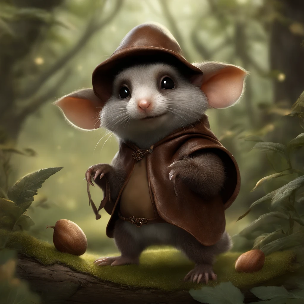 (CBZBB:1.25), ((gremlin),Zhkute, , Beautiful, Fantasy art, deviant art, trending artstation, Digital Art, Detailed, Realistic, humanoid, character, tiny, Cinematic shot, cinematic portrait of a mole     ,gremlin, mole-like, bright silver and brown, long tail, large ears, fat one looks like a Djungarian hamster, covered with silver fur, dressed in a leather tunic and balaclava, in the foreground stands a cloud hanging on a tree, collects dew, , Best Quality, Masterpiece, in style of dark fantasy art, gremlin, mole-like, bright silver and brown, long tail, double nose, huge ears, covered with silver fur,tousled, five toes on each paw, holding a huge acorn in his paws, I&#39;m standing in a forest clearing under the foliage of bast., acorns lie in the clearing, acorns glow, Crickets fly, Best Quality, Masterpiece, in style of dark fantasy art, fantasy-inspired, in the style of John Tolkien,