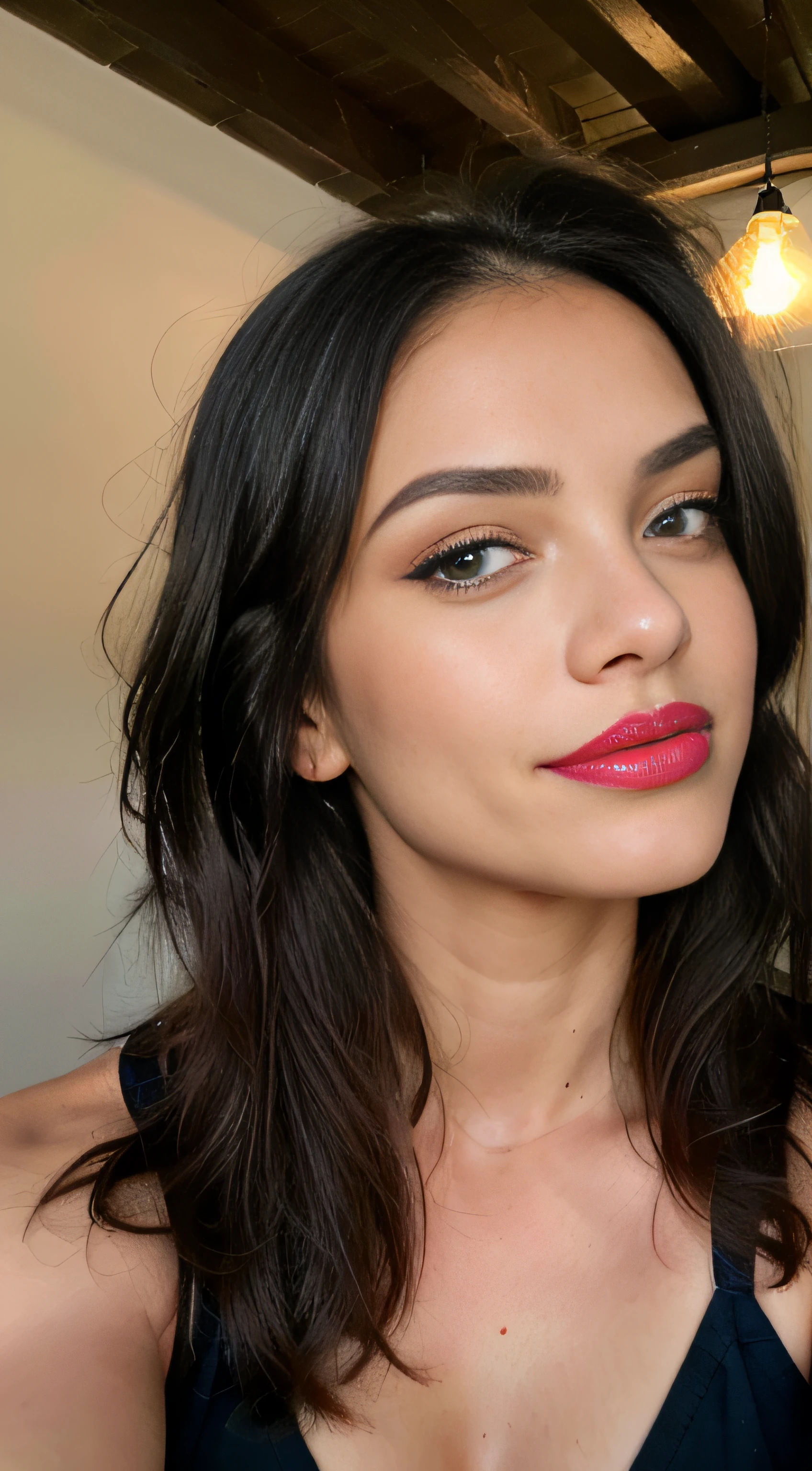 (mejor calidad, ultra detallado) (retrato, hermosos ojos detallados, hermosos labios detallados, ojos y rostro extremadamente detallados), piel clara, cabello negro,cabello largo, ojos estrechos, labios carnosos, cuerpo completo ,bikini rojo ), dark long hair, blue or green eyes, night time, red glossy lips