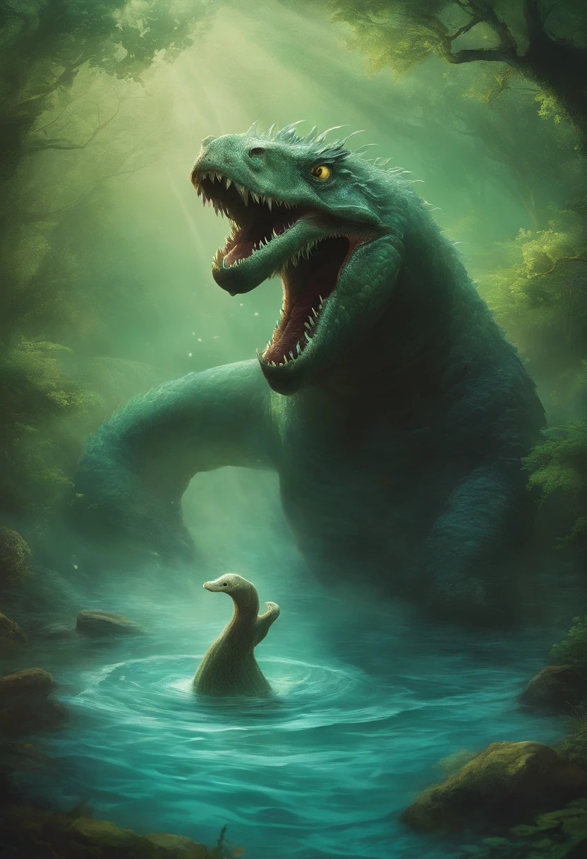 "(best quality,highres,realistic:1.37),Loch Ness monster swimming in the ocean,deep turquoise water,rippling waves,giant creature emerging,dark and mysterious depths,vivid colors,subtle sunlight filtering through the water,monster with scaly skin and long neck,large,expressive eyes,splash of water,sense of wonder and awe,mythical creature hiding in plain sight,foggy mist enveloping the scene,dramatic lighting,crisp,detailed textures,hidden depths beneath the surface,reflection of the creature on the water's surface"
