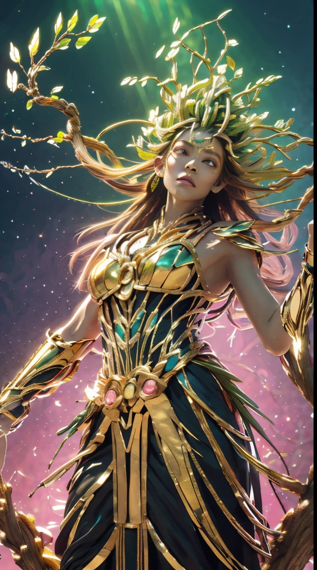 Beautiful line art photo,Use gold strokes and rainbow paint,Golden Maiden,the golden ratio,Melted wax,Visible brush strokes,surrounded by crystal spheres,3D Mosaic Wireframe,neuroimaging,neurons,The Tree of Life,colours,California,intense emotion,oil on the canvas,Thick strokes,insanely details,8k ultra high definition,tmasterpiece,art stations,ultra-realistic realism,Plant Witch,Vine Queen,Witch of Thorns