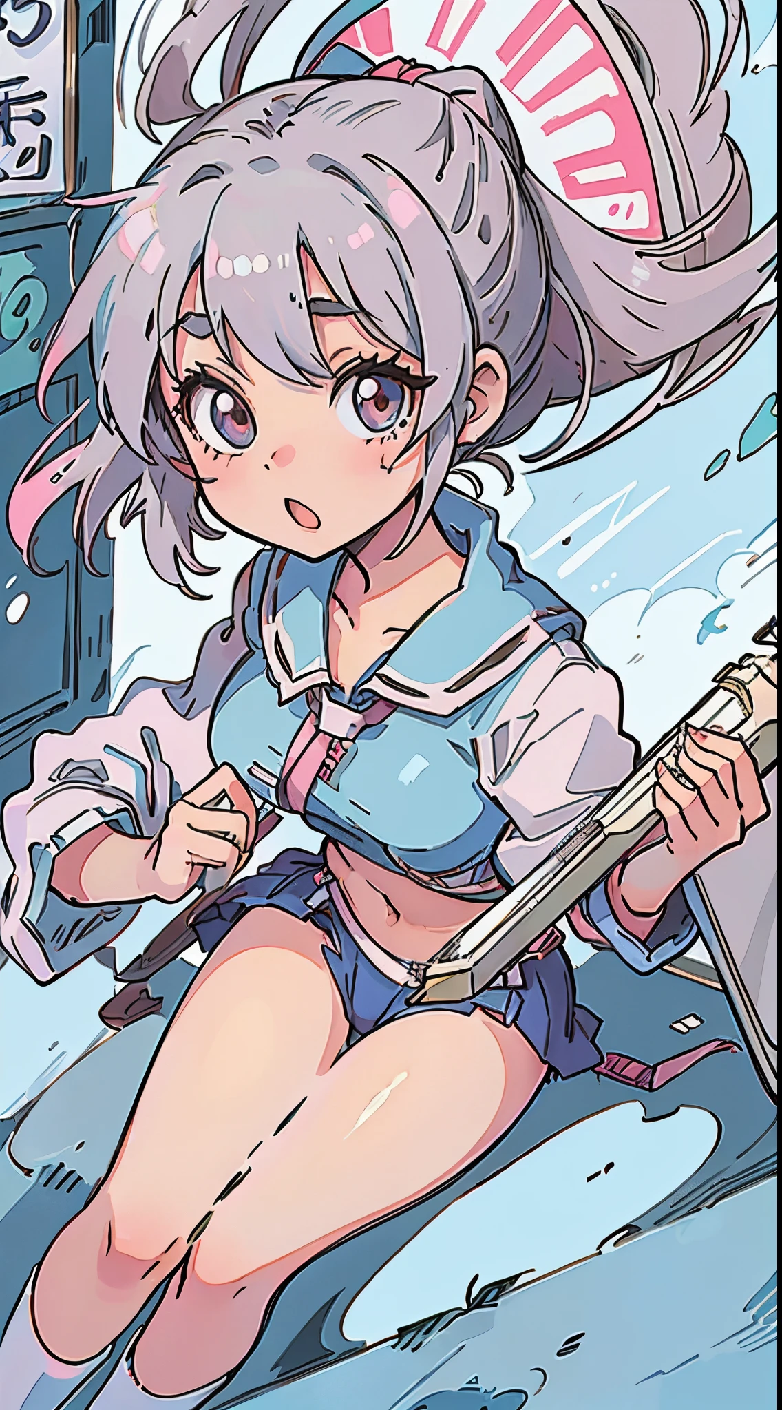 an Japanese high school girl with guitar, in anime style, kawaii, street, 1990s anime, silver hair