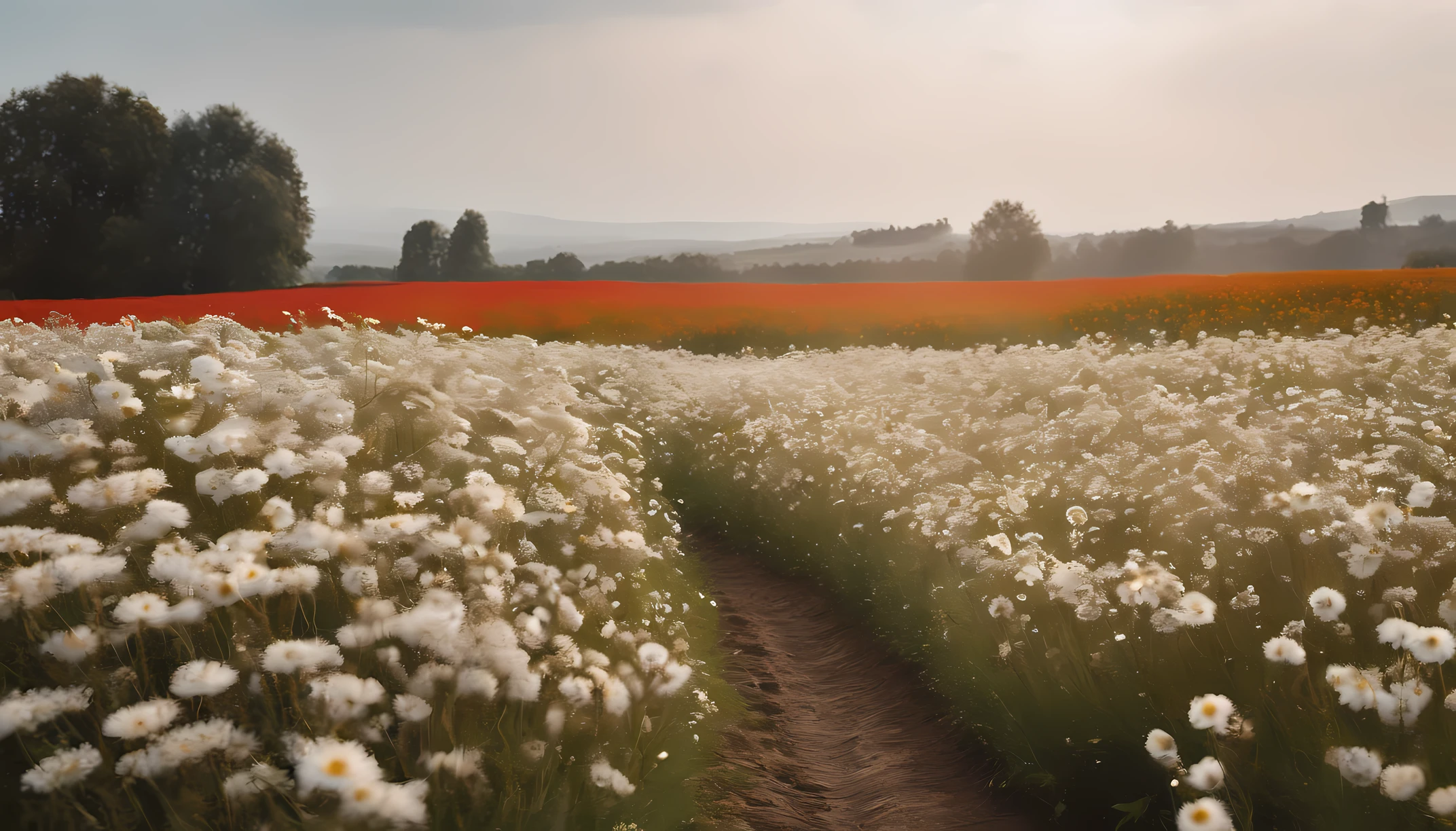 in a field of flowers, There are flowers, The aesthetic realm of flowers,White flowers,vast flower fields,There is a path in the middle of the flower field,There is a path in the center of the screen,There is a very narrow road,The road leads to the distance,Things are real when seen up close, But it’s blurry in the distance.,A large field of flowers,The picture is vivid,フォトリアリスティック,detail-rich