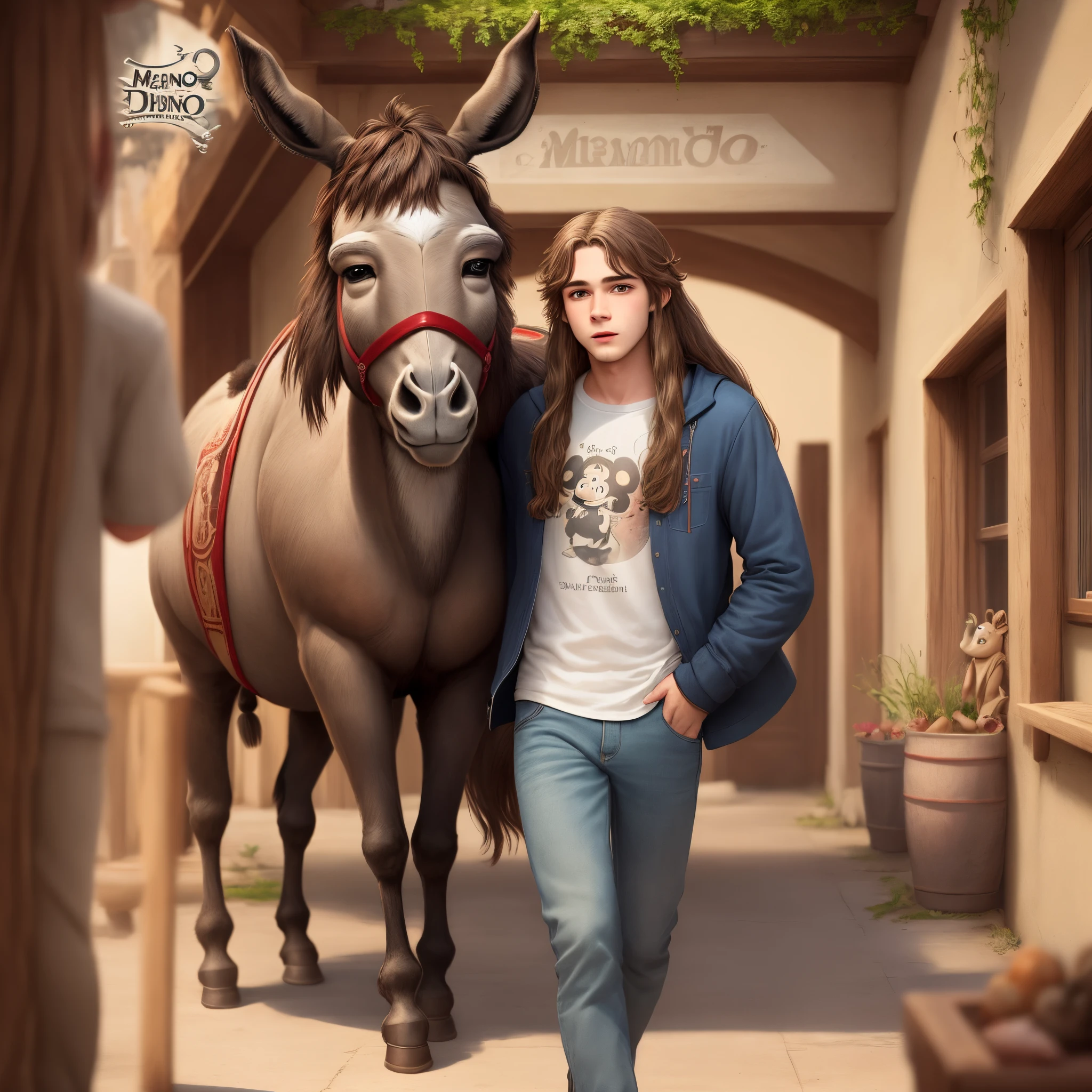 Create an image of a boy with long hair together with a Disney Pixar-style donkey with text saying Anselmo and the Donkey