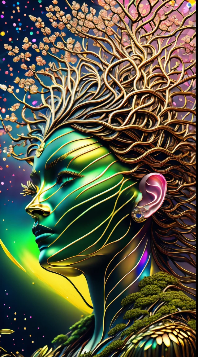 Beautiful line art photo，Use gold strokes and rainbow paint，Golden Maiden，the golden ratio，Melted wax，Visible brush strokes，surrounded by crystal spheres，3D Mosaic Wireframe，neuroimaging，neurons，The Tree of Life，colours，California，intense emotion，oil on the canvas，Thick strokes，insanely details，8k ultra high definition，tmasterpiece，art  stations，ultra-realistic realism，Plant Witch，Vine Queen，Witch of Thorns