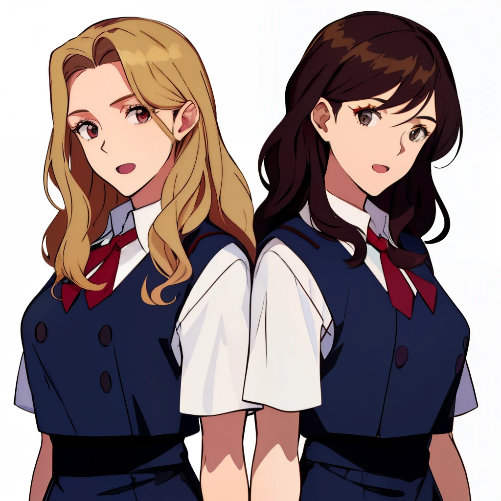 2girls, duo, twins, school uniforms, mature woman, brown hair, blonde hair, long curly hair, hair down, hazel eyes, white background