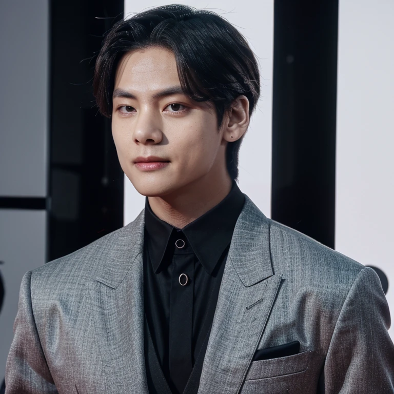 Taehyung of BTS, slicked-back hair, traje elegante, traje oscuro, V de BTS