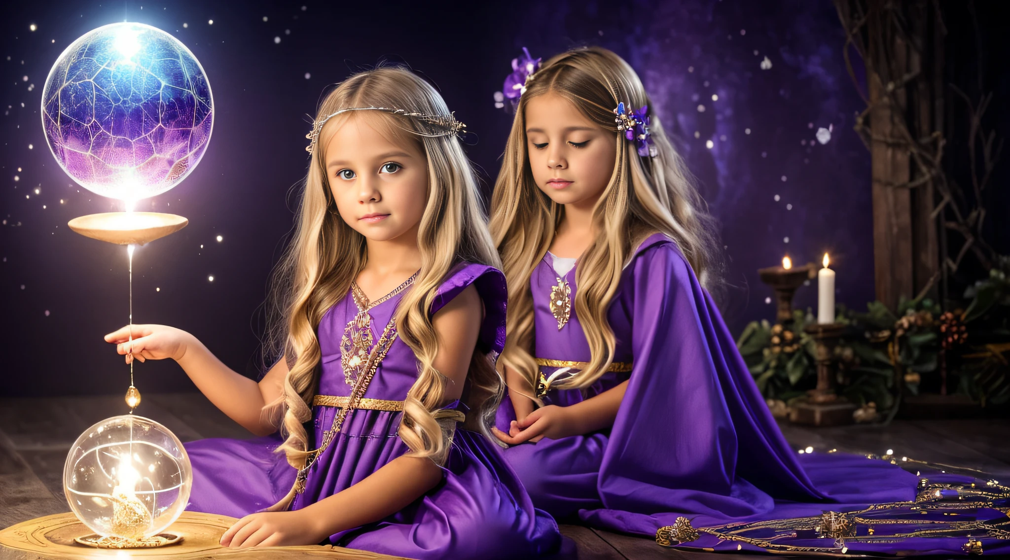 CHILD GIRL BLONDE LONG HAIR, in a purple dress holding a crystal ball in her hands, segurando uma bola de cristal, bola de cristal, uma mulher segurando um orbe, adivinho, bruxo ponderando seu orbe, spell casting wizard, casting a protection spell, a sorceress casting a ice ball, spell casting, dressed as an oracle, segurando uma esfera brilhante de dados
