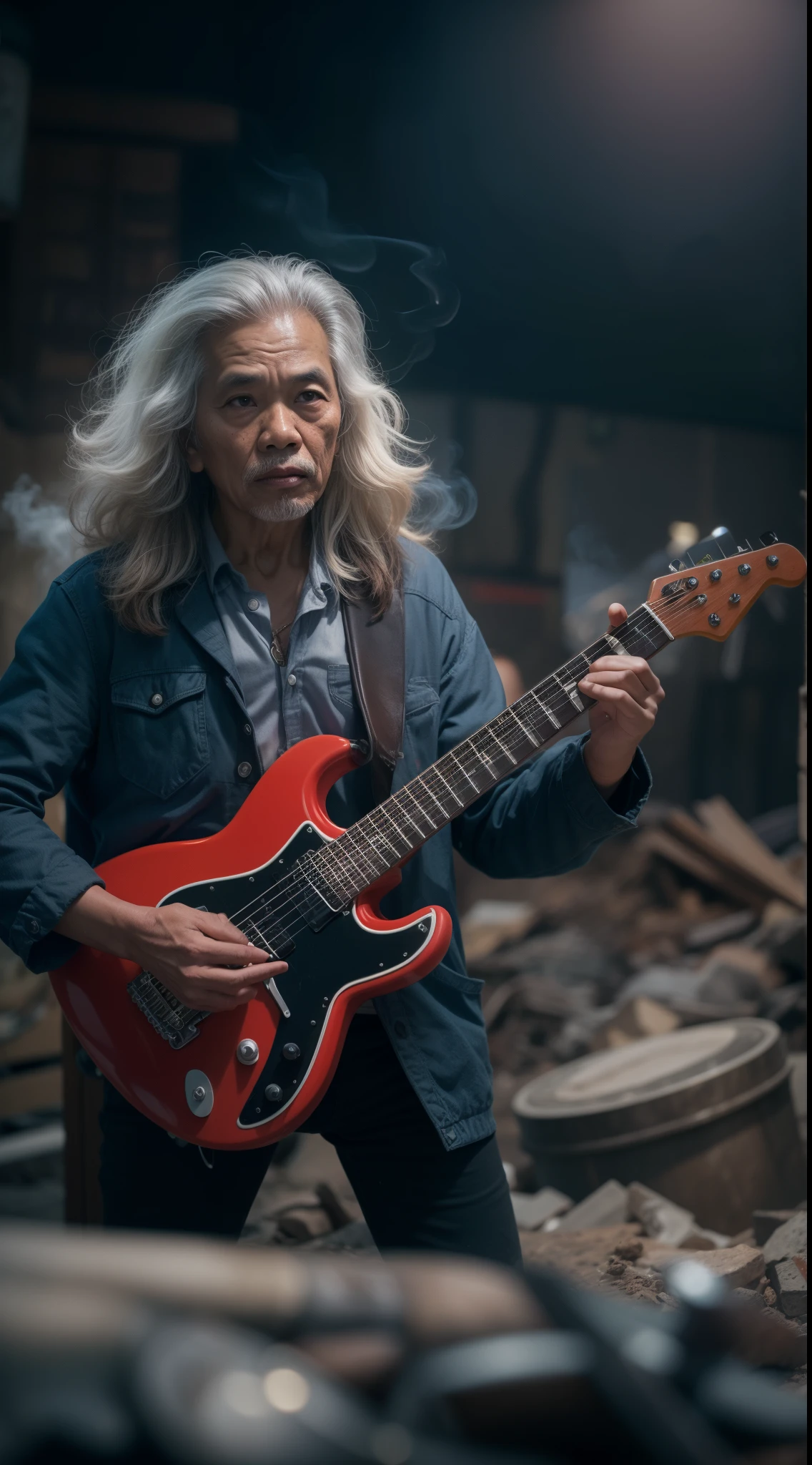 a 70 years old malay man in super mario costume outfit with long rock band hair playing electric guitar in waste disposal site, night, serious face, nighttime, in school of rock movie style, hyper - realistic photography, dramatic effect, smoke effect in background, dark color grading, full body, 8k, close - up shot, extreme close - up photo