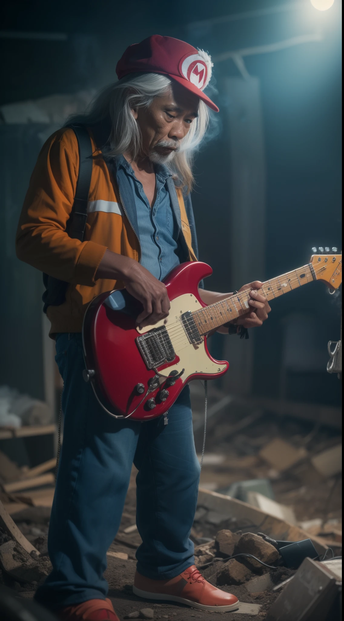 a 70 years old malay man in super mario costume outfit with long rock band hair playing electric guitar in waste disposal site, night, serious face, nighttime, in school of rock movie style, hyper - realistic photography, dramatic effect, smoke effect in background, dark color grading, full body, 8k, close - up shot, extreme close - up photo